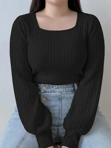 Dazy Plus Solid Color Square Neck Fitted Lantern Sleeve Long Sleeve T-Shirt Spring Summer Autumn - Black - View 4