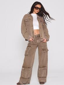 MUSERA Washed Oversized Button Through Denim Jacket Autumn Winter Fall Coolgirl Holiday Everyday Roadside Renegade - Brown - View 2