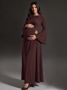 Cheriluna Maternity Elegant Solid Color Thermal Lined Maternity Dress - Coffee Brown - View 3