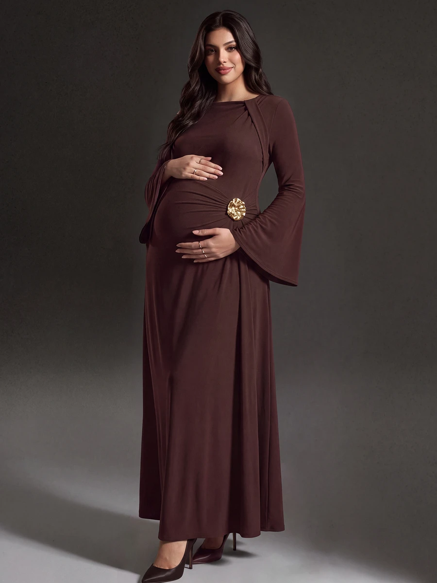 Cheriluna Maternity فستان أمومة أنيق بلون موحد مبطن حراريًا - قهوة بني - مشاهدة 1