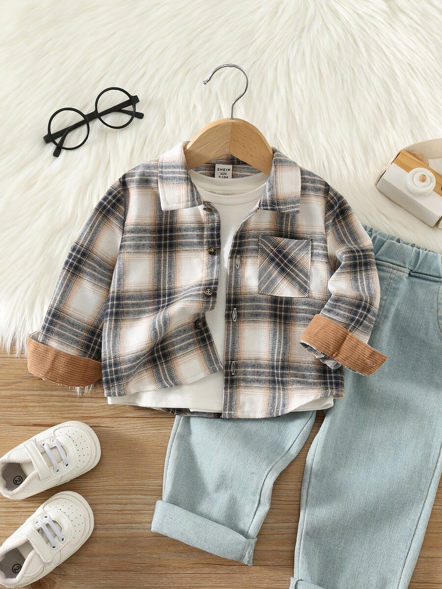 SHEIN Baby Boy Plaid Pattern Turndown Collar Long Sleeve Button-Up Shirt - Brown - View 1