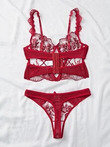 SHEIN Sexy Sheer Embroidered 2-Piece Set - Burgundy - View 2