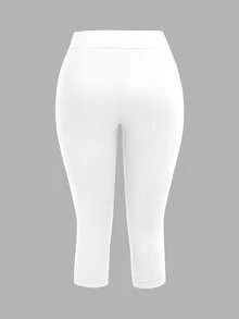 SHEIN CURVE+ Plus Size Women Solid Color Casual Versatile 7/8 Length Leggings - Black and White - View 8