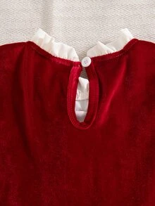 SHEIN 1件女童秋冬復古甜美風天鵝絨面料蝴蝶結裝飾手工串珠細節泡泡長袖荷葉領2合1A字裙，寬鬆版型，適合派對、假日、外出及春秋穿著 - 紅色 - 查看 8