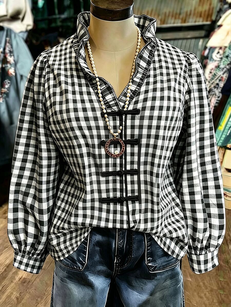 Linhara CURVE Plus Size Women Black And White Plaid Ruffle V-Neck Casual Long Sleeve Blouse - Black - View 1