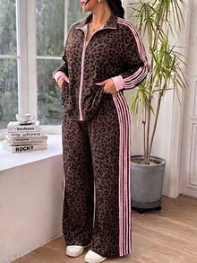SHEIN EZwear 大尺碼女款豹紋拼色長袖上衣與長褲休閒日常套裝 - 彩色 - 查看 1