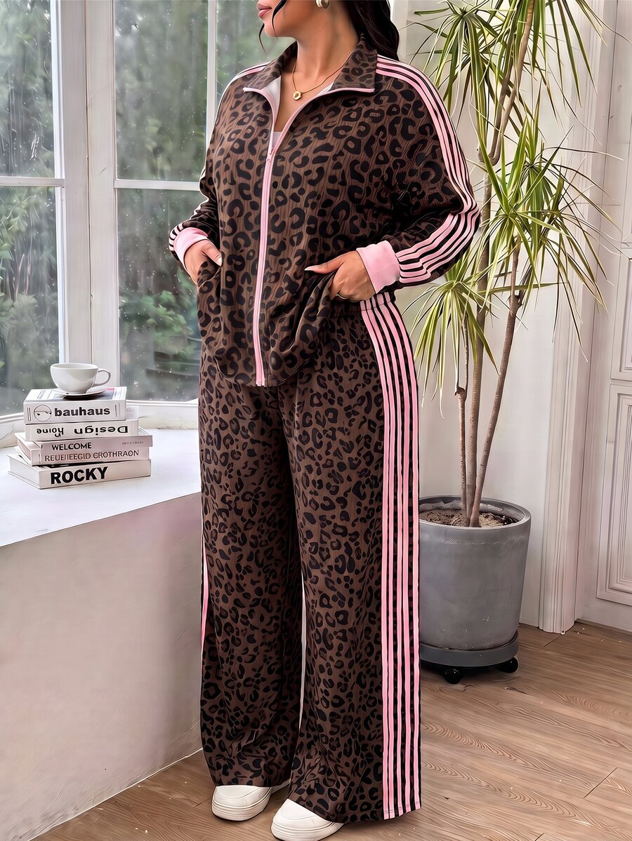 SHEIN EZwear 大尺碼女款豹紋拼色長袖上衣與長褲休閒日常套裝 - 彩色 - 查看 1