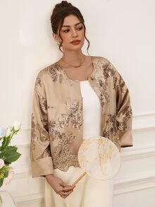 EastFlair جاكيت نسائي بأسلوب صيني ناضج أنيق مطرز بالخرز مع دانتيل متباين لحفلات الكوكتيل والسهرات باللون الذهبي للخريف والشتاء - بني مخاوي - مشاهدة 1