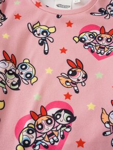 THE POWERPUFF GIRLS X SHEIN 女童圓領短袖上衣與長褲居家休閒套裝 - 粉色 - 查看 4