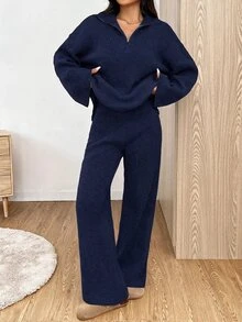 SHEIN EZwear 女款休閒深藍色拉鍊半開領落肩長袖針織上衣與針織長褲兩件套，秋冬款 - 藏蓝色 - 查看 4