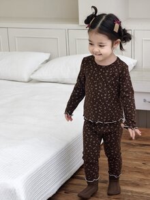 DAZY Infant/Toddler (Girl) Hooded All-Over Print Korean Style Long Sleeve 2 Pieces Loungewear Set - Coffee Brown - View 5