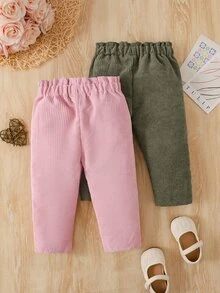 SHEIN Vintaside Kids 2件組幼兒女嬰燈芯絨長褲，可愛甜美粉色與橄欖綠，蝴蝶結羅紋紙袋腰鬆緊褲，正裝款，生日派對秋季保暖公主風假期純色 - 彩色 - 查看 2