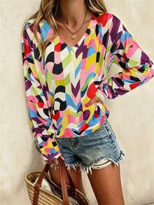 RIVANDRE Women's Geometric Pattern V-Neck Long Sleeve Casual Loose Fit Sweater - Multicolor - View 3