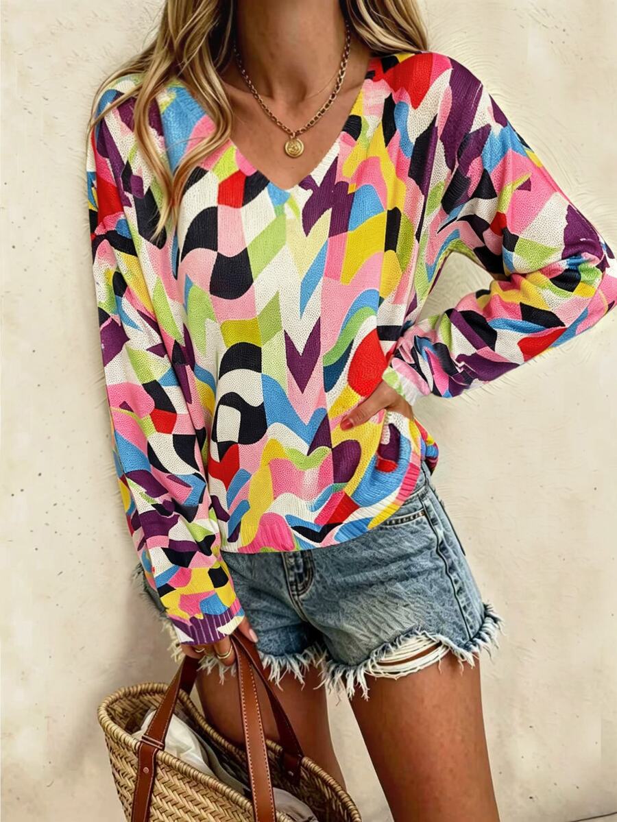 RIVANDRE Women's Geometric Pattern V-Neck Long Sleeve Casual Loose Fit Sweater - Multicolor - View 1