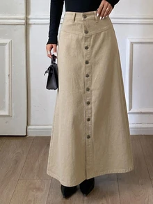 DAZY Women's Single-Breasted Decorative Long A-Line Denim Skirt, Casual Urban Style - Khaki - View 6