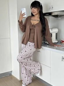 ZzzCrew Plus Size Lace-Up Camisole Top And Heart Stripe Print Long Pants With Frill Trim Cardigan Pajama Set - Brown - View 6