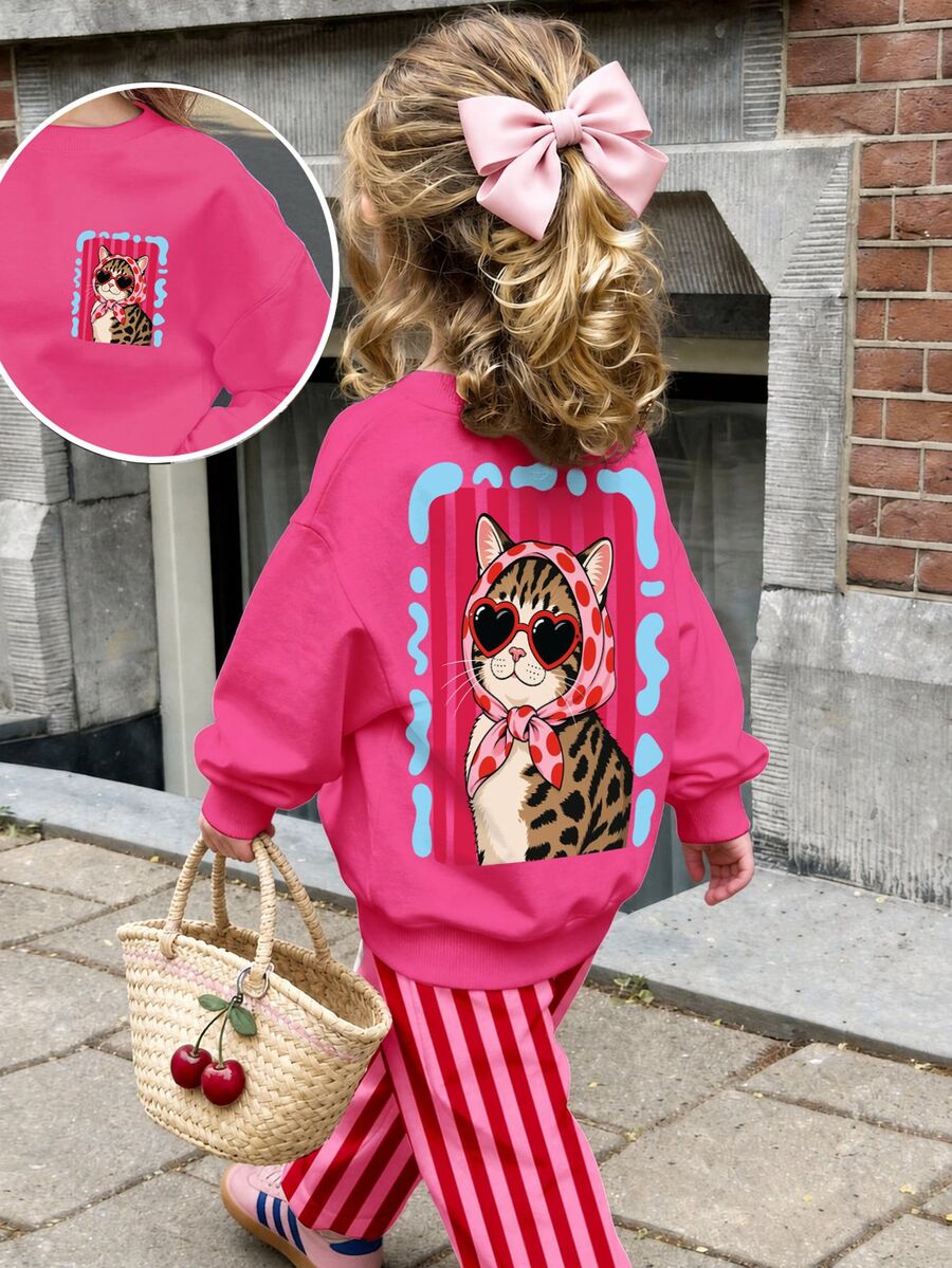 Young Girl Cartoon Pattern Long Sleeve Sweatshirt And Wide Leg Sweatpants Set - Multicolor - View 1