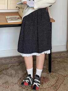 Dazy Plus Rok A-Line Gaya Korea Motif Polkadot Wanita Ukuran Besar dengan Trim Renda Kontras dan Pinggang Elastis - Navy Blue - View 5