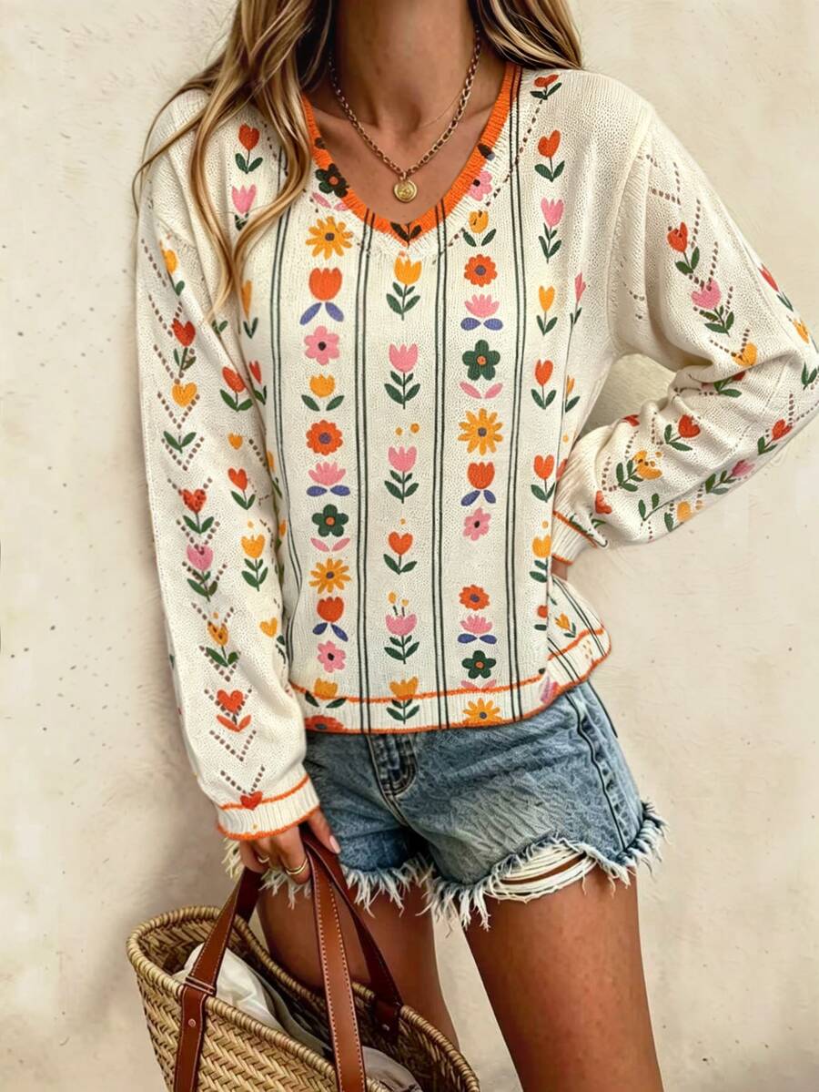 Vaclyn Women's Floral Print V-Neck Drop Shoulder Long Sleeve Loose Sweater - Multicolor - View 1
