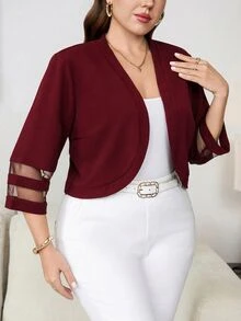 Reflora Plus Size Vintage Mesh Patchwork Jacket For Office And Commute - Burgundy - View 8