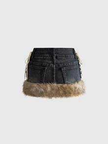 ROMWE Kawaii Y2K Retro Leopard Print Frayed Edge Side Lace-Up Design Women's Mini Low Waist Denim Skirt With Belt Accessory - Grey - View 3