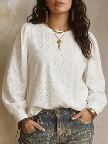SHEIN LUNE 女款秋冬新款熱銷提花針織休閒百搭圓領大尺碼T恤 - 白色 - 查看 1