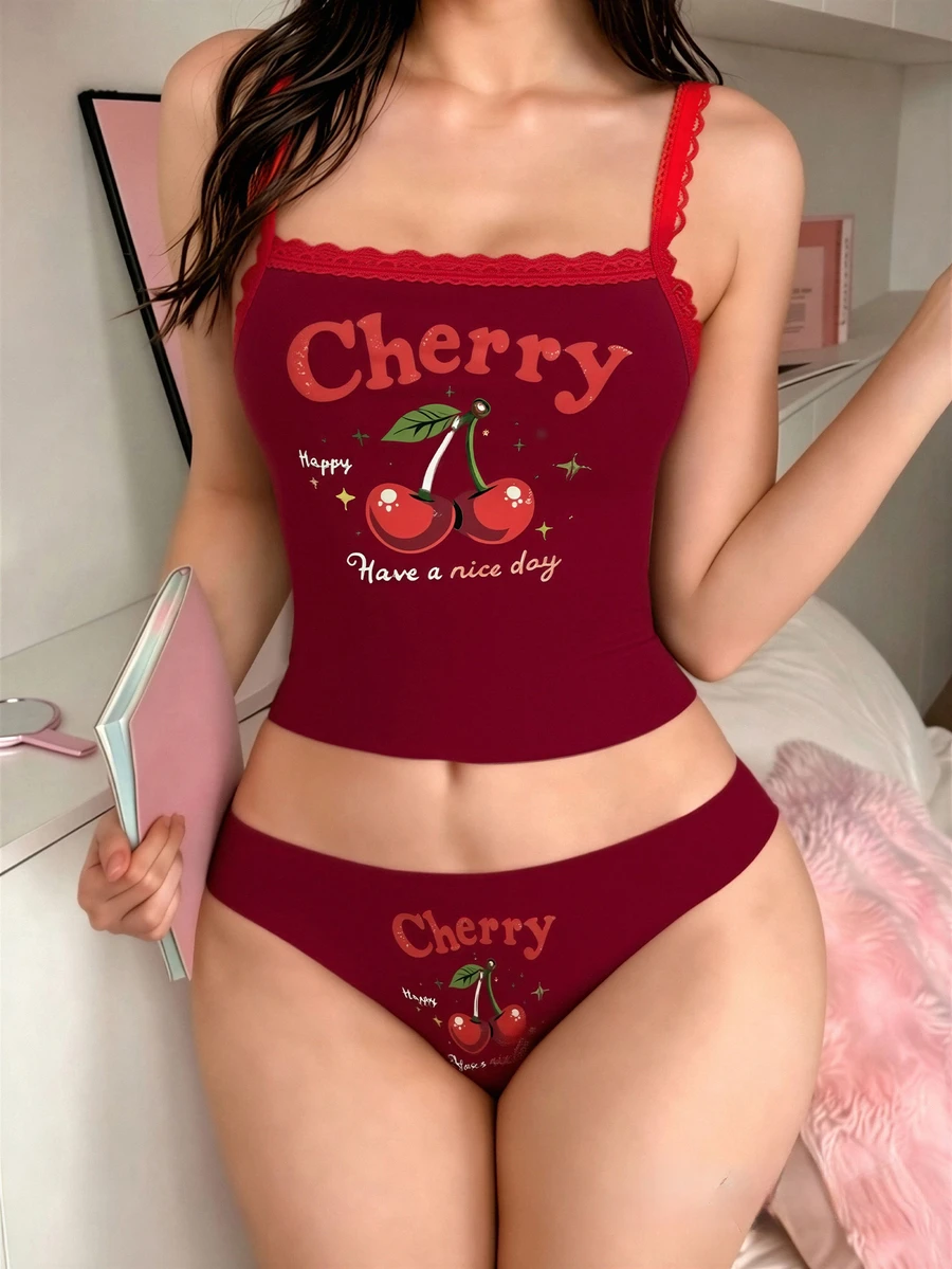 PetitDoll طقم ملابس داخلية نسائي من الدانتيل مع رقعات 2 قطعة - الأحمر - مشاهدة 1