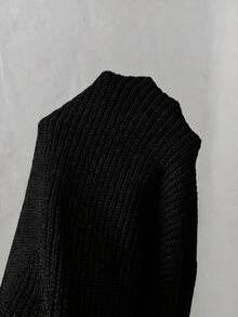Aloruh 女款休閒通勤簡約純色漏斗領蝙蝠袖寬下擺針織上衣 - 黑色 - 查看 9