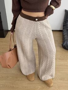POPSWAY Plus Size Women Slimming Versatile Twisted Rope Straight Leg Sweater Pants, Suitable For Autumn/Winter Wear - Khaki - View 6