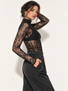 DAZY Women's Lace High Neck Fitted Casual Top - Black - View 5