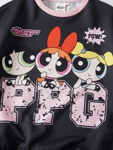 THE POWERPUFF GIRLS X SHEIN Bộ áo nỉ tay dài và quần dài in họa tiết hoạt hình cho bé gái tuổi teen - màu đen - Xem 5