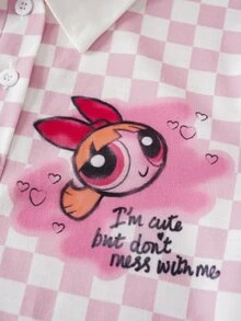 THE POWERPUFF GIRLS X SHEIN Tween Girl Polo Collar Checkered Short Sleeve Ruffle Hem Dress - Pink - View 6