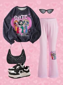 THE POWERPUFF GIRLS X SHEIN Tween Girl Letter Cartoon Graphic Long Sleeve Sweatshirt And Sweatpants Casual Everyday Set - Multicolor - View 3
