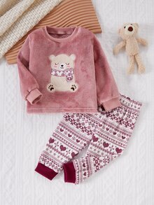 SHEIN Playful Pals 聖誕秋冬保暖內裡加厚幼兒女童可愛熊刺繡深粉色上衣與紫色印花長褲毛絨睡衣套裝 - 紫色 - 查看 6