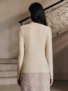Anewsta Essential Spring/Autumn New Standard Size Women's Top, Elegant Champagne Apricot Shiny Fabric Round Neck Long Sleeve Top, Side Button Ruched Cinched Waist Commuter Inner Layer Versatile Base Layer - Gold - View 7