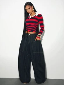 Denimoi Oversized Barrel Jeans Baggy Jeans Boyfriend With Oversized Pockets Fashionable Streetwear - Dark Wash - View 3