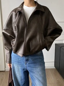 DAZY Women's Elegant PU Material Jacket With Pockets And Zipper - Brown - View 5