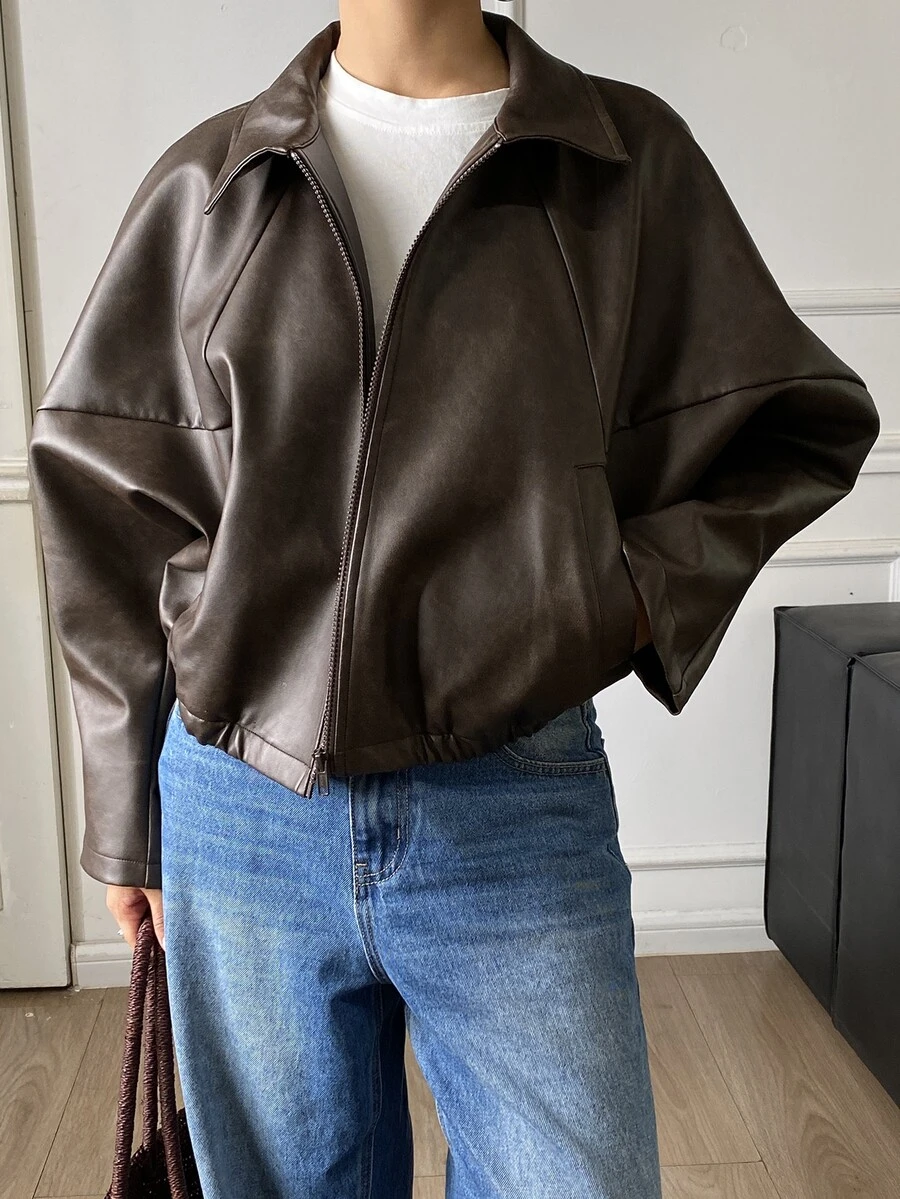 DAZY Women's Elegant PU Material Jacket With Pockets And Zipper - Brown - View 1