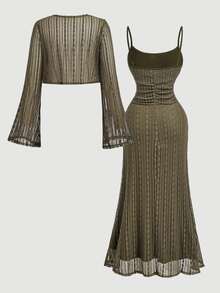 SHEIN MOD Plus Size Brown Lily Print 2 Pieces Cardigan & Midi Dress Set, Vacation, Music Festival - Army Green - View 2
