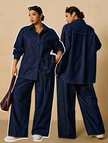 SHEIN MOD Setelan Denim Kasual Sehari-hari untuk Wanita Ukuran Plus, Atasan Lengan Panjang Kancing Tunggal dan Celana Panjang - Dark Wash - View 8