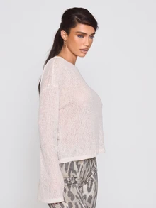 MUSERA Loose Fit Sheer Off The Shoulder Slouch Long Sleeve Tee Autumn Winter Fall Coolgirl Holiday Everyday Roadside Renegade - Apricot - View 2