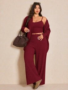 Elaquor 大尺碼女款純色細肩帶上衣、長褲與開襟衫休閒套裝 秋季 - 紅色 - 查看 7