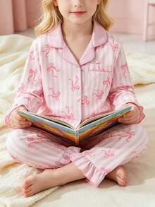 SHEIN Sweet Style Bow & Stripe Print Long Sleeve Cardigan And Pants 2 Pieces Set, Casual Comfortable Loungewear For Young Girl - Multicolor - View 3