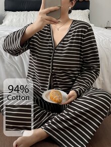 Napfluff CURVE Napfluff CURVE Plus Size Women's Cotton Striped Button-Front Pajama Set, Casual Loungewear - Chocolate Brown - View 2