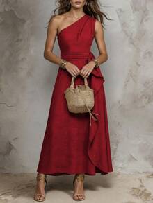 Solivie Women's Solid Color One Shoulder Sleeveless Patchwork Ruffle Hem Fashion Long Dress - Red - View 5