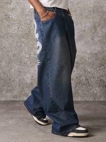ROMWE MEN Street Life Men's Casual Everyday Travel Denim Jeans With Pocket, Button And Dragon Pattern - Blue - View 8
