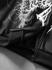 ROMWE MEN Street Life Men's Letter Print Zip-Up Casual Daily Hoodie - Black - View 5