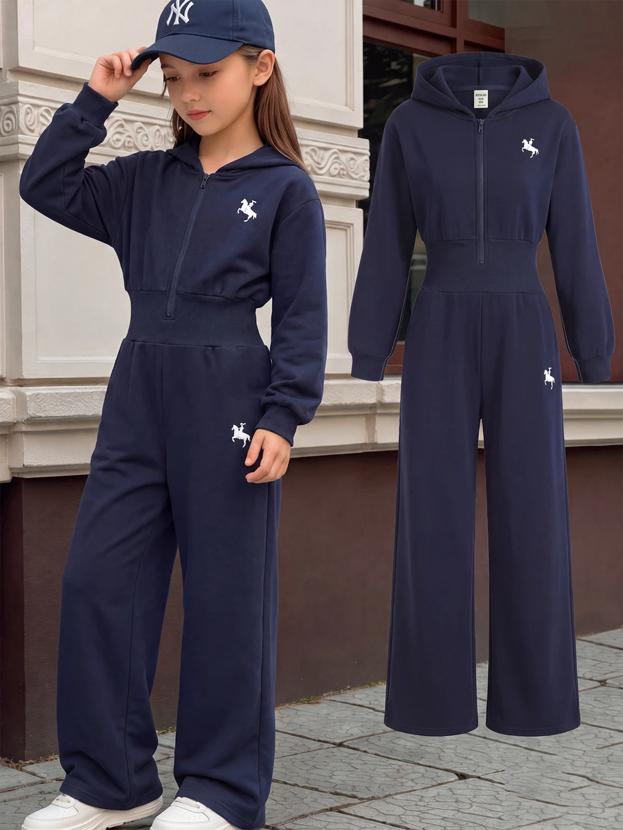 Áo khoác hoodie kéo khóa in chữ màu trơn phong cách tối giản cạp cao cho bé gái tween, thu đông - Màu xanh hải quân - Xem 1