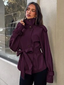 Aloruh 女款街頭風鈕扣高領長袖夾克 - 紫色 - 查看 6