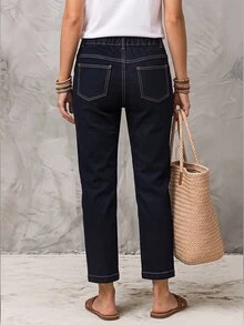 LUMIGAL Plus Size Women's Casual Cropped Jeans With Pocket And Vintage Button Design - Black - View 3